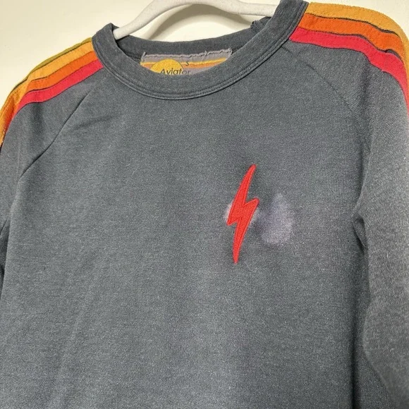 AVIATOR NATION Bolt Cropped Classic Five Stripe Crewneck Sweatshirt Charcoal S - Picture 3 of 6